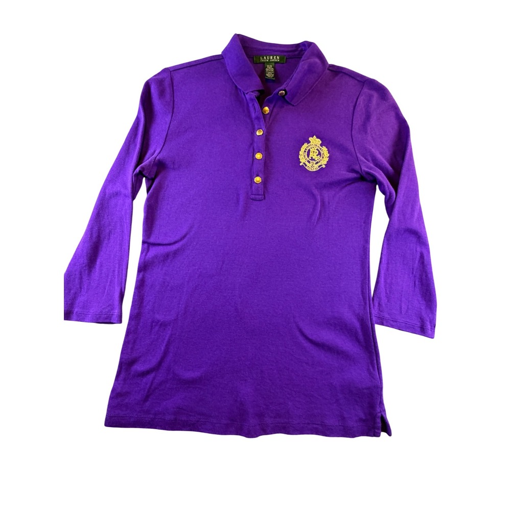 Lauren Ralph Lauren Purple 3/4 Sleeve Gold Crest Polo Shirt Womens M